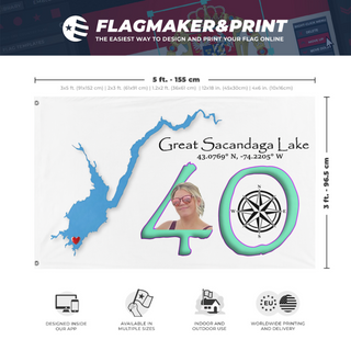 A mockup depicting custom flag specifications and measurements for '40th Birthday flag'