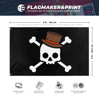 A mockup depicting custom flag specifications and measurements for 'Gen Z Jolly Roger Protest flag'