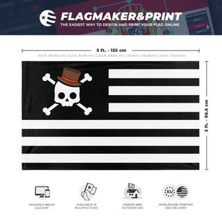 A mockup depicting custom flag specifications and measurements for 'Gen Z Jolly Roger American flag'