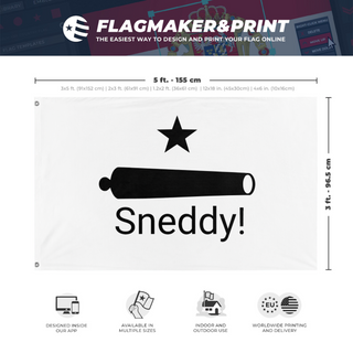 A mockup depicting custom flag specifications and measurements for 'Sneedy Glag flag'