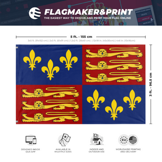 A mockup depicting custom flag specifications and measurements for 'English Royal Standard flag'
