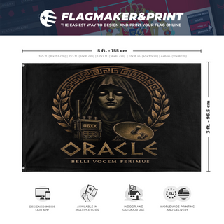 A mockup depicting custom flag specifications and measurements for 'Oracle flag'