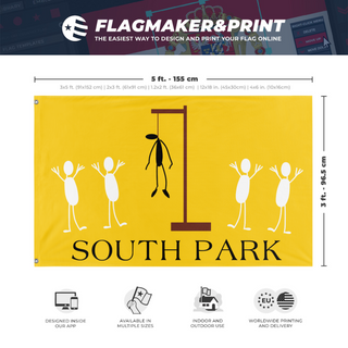 A mockup depicting custom flag specifications and measurements for 'South Park Flag'
