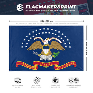 A mockup depicting custom flag specifications and measurements for '20th Maine Volunteer Infantry flag'