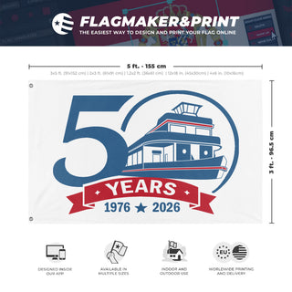 A mockup depicting custom flag specifications and measurements for '50yr flag'