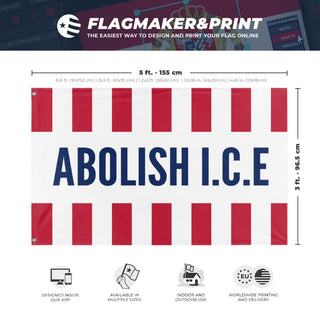 A mockup depicting custom flag specifications and measurements for 'Abolish I.C.E flag'