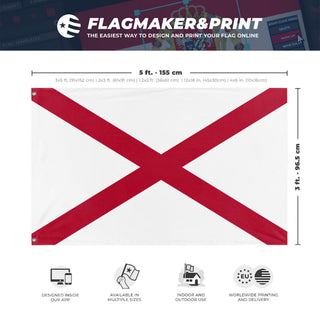 A mockup depicting custom flag specifications and measurements for 'Alabama State Flag'