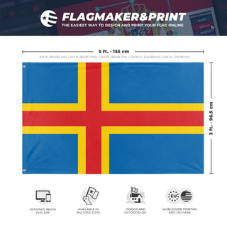 A mockup depicting custom flag specifications and measurements for 'Aland Island Flag'