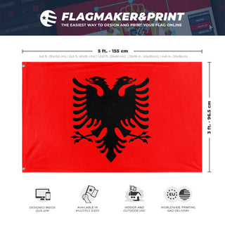 A mockup depicting custom flag specifications and measurements for 'Albania High Contrast flag'