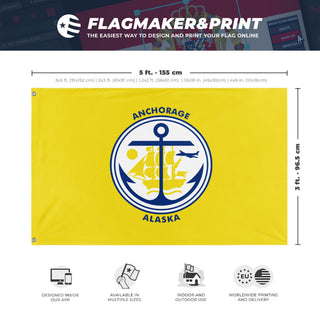 A mockup depicting custom flag specifications and measurements for 'Anchorage Flag'