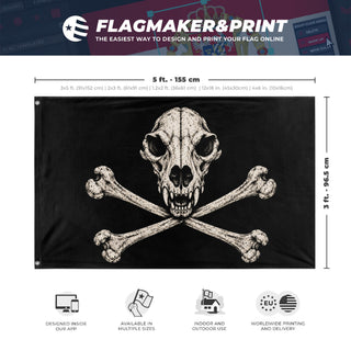 A mockup depicting custom flag specifications and measurements for 'Animal Skull flag'