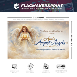 A mockup depicting custom flag specifications and measurements for 'Ann's August Angles flag'