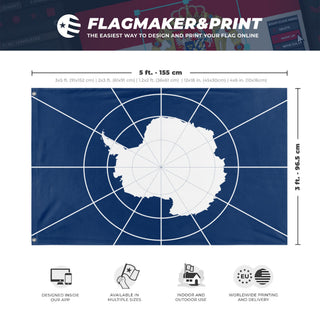 A mockup depicting custom flag specifications and measurements for 'Antarctica Flag'