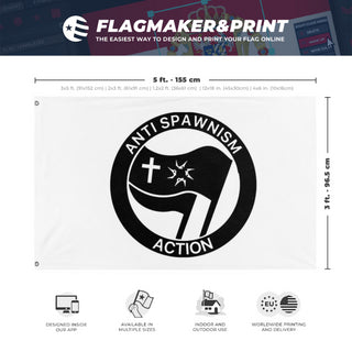 A mockup depicting custom flag specifications and measurements for 'Anti Spawnism Action flag'