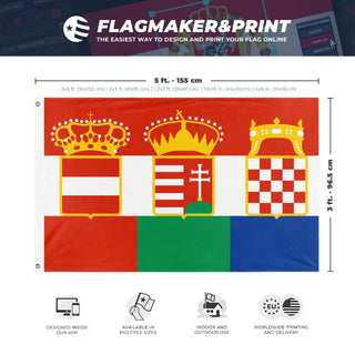 A mockup depicting custom flag specifications and measurements for 'Austria Hungary Croatia Triarchy  flag'