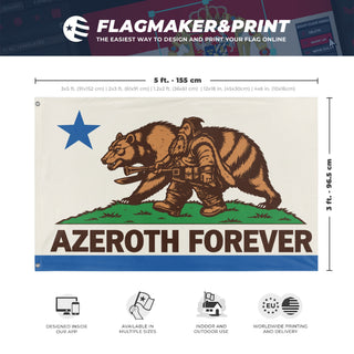 A mockup depicting custom flag specifications and measurements for 'Azeroth Forever flag'