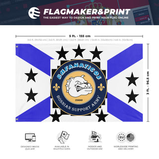 A mockup depicting custom flag specifications and measurements for 'BHFANATICOS flag'