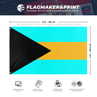 A mockup depicting custom flag specifications and measurements for 'Bahamas flag'