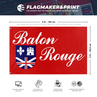 A mockup depicting custom flag specifications and measurements for 'Baton Rouge City Flag'