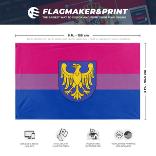 A mockup depicting custom flag specifications and measurements for 'Bisexual Upper Silesia flag'