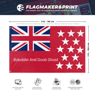 A mockup depicting custom flag specifications and measurements for 'Bokogoob flag'