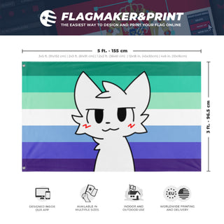 A mockup depicting custom flag specifications and measurements for 'Boykisser MLM pride  flag'