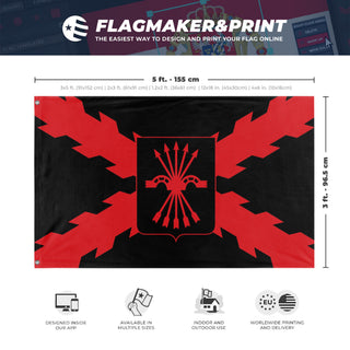 A mockup depicting custom flag specifications and measurements for 'Burgundy Cross Falangist flag'