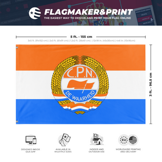 A mockup depicting custom flag specifications and measurements for 'CPN Prince Flag'