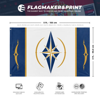 A mockup depicting custom flag specifications and measurements for 'Caelix Republic flag'