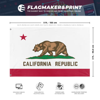A mockup depicting custom flag specifications and measurements for 'California State Flag'