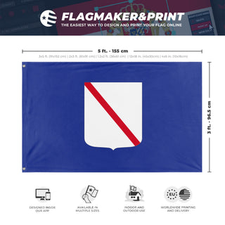 A mockup depicting custom flag specifications and measurements for 'Campania Flag'