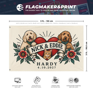 A mockup depicting custom flag specifications and measurements for 'ChatGPT Pet Dogs and Cats flag'