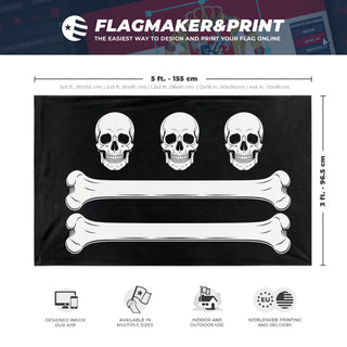 A mockup depicting custom flag specifications and measurements for 'Christopher Condent Pirate flag'