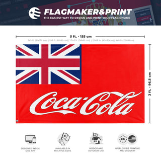 A mockup depicting custom flag specifications and measurements for 'Coca Cola Empire flag'