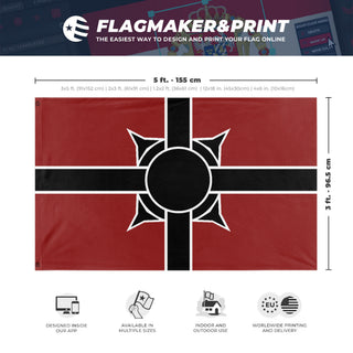 A mockup depicting custom flag specifications and measurements for 'Colonial Empire of Cassia flag'