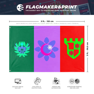 A mockup depicting custom flag specifications and measurements for 'Cousin flag'