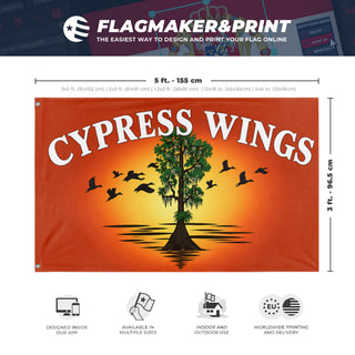 A mockup depicting custom flag specifications and measurements for 'Cypress Wings flag'