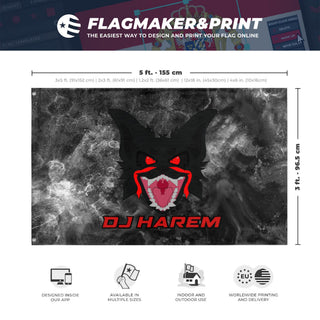 A mockup depicting custom flag specifications and measurements for 'DJ HAREM flag'