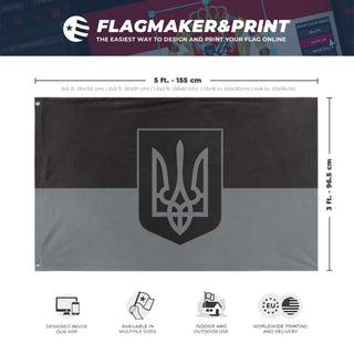 A mockup depicting custom flag specifications and measurements for 'Darkmode Ukraine Coat of Arms flag'