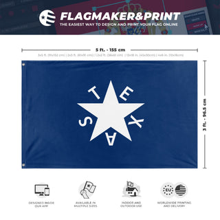 A mockup depicting custom flag specifications and measurements for 'De Zavala Texas Flag'