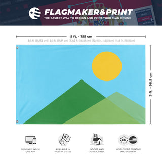 A mockup depicting custom flag specifications and measurements for 'Default JPG Image flag'