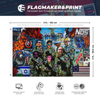 A mockup depicting custom flag specifications and measurements for 'Defenders of Gaza flag'