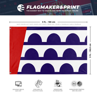 A mockup depicting custom flag specifications and measurements for 'Des Moines Flag'