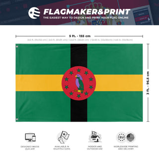 A mockup depicting custom flag specifications and measurements for 'Dominica flag'