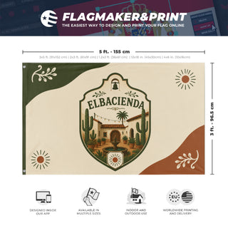 A mockup depicting custom flag specifications and measurements for 'ELBACIENDA flag'
