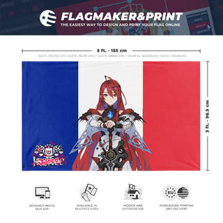 A mockup depicting custom flag specifications and measurements for 'ERB HOLOJUSTICE fan flag'