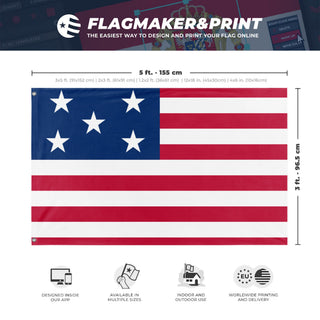 A mockup depicting custom flag specifications and measurements for 'ESTADOS UNIDOS DE AMERICA flag'