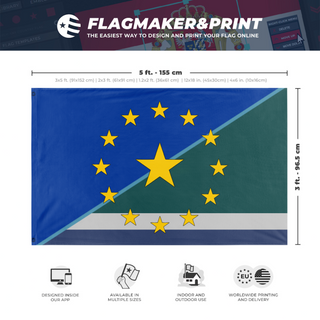 A mockup depicting custom flag specifications and measurements for 'European-River Union flag'