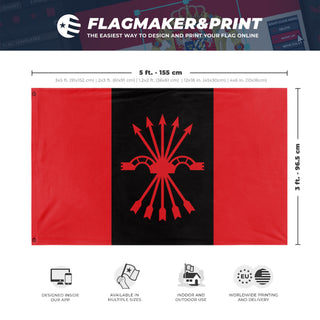 A mockup depicting custom flag specifications and measurements for 'Falangist Flag'