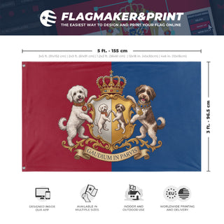 A mockup depicting custom flag specifications and measurements for 'Family Dogs Heraldic flag'